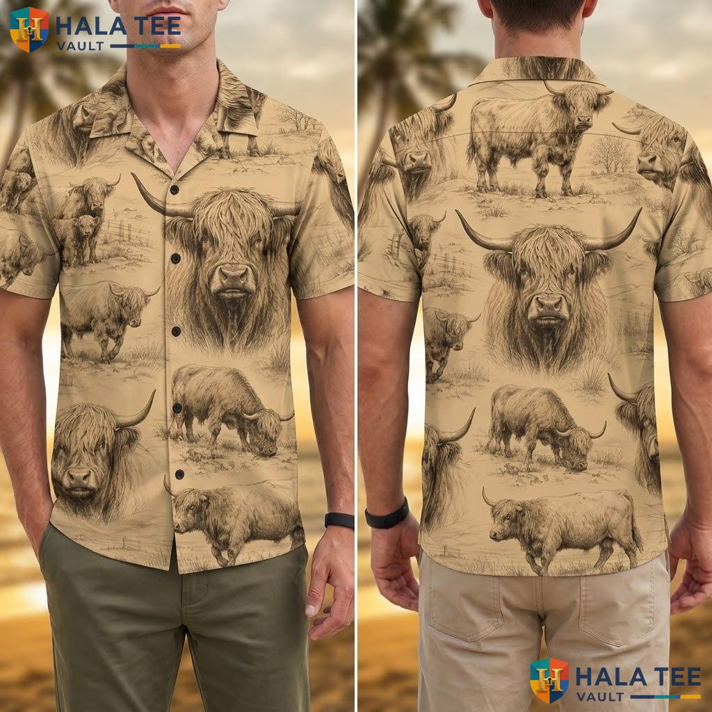 Vintage Highland Cow Aloha Shirt Mens Short Sleeve Summer Beach Party Top Adult