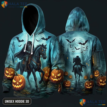 Vintage Horseman Pumpkin 3D Hoodie Spooky Rider Graphic Halloween Top