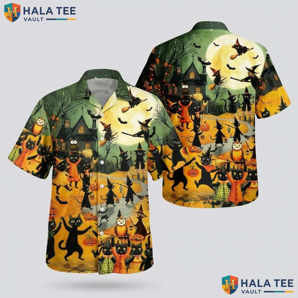 Vintage Kitty Halloween Hawaiian Shirt Spooky Pumpkin Cat Aloha Top