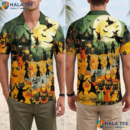 Vintage Kitty Halloween Hawaiian Shirt Spooky Pumpkin Cat Aloha Top Adult
