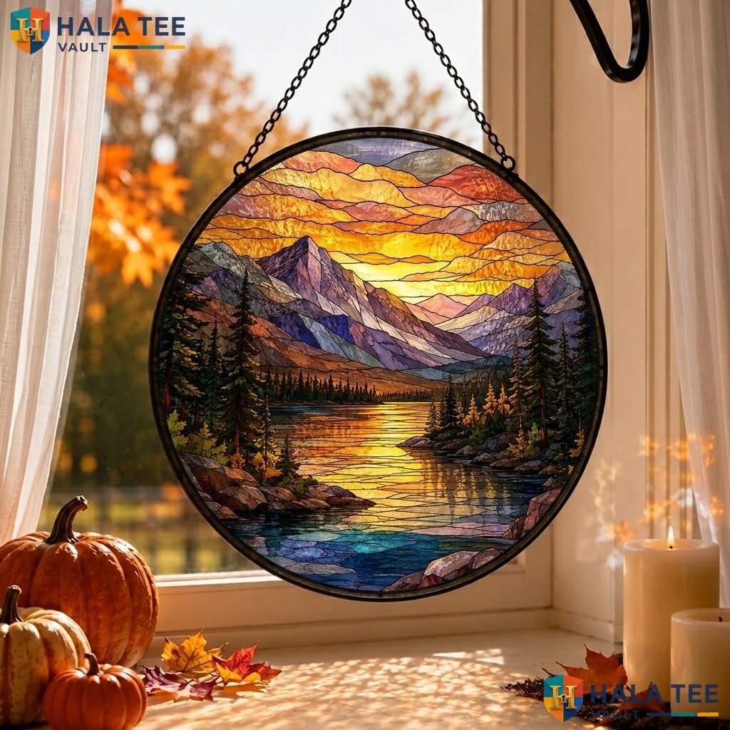 Vintage Mountain Halloween Stained Glass Suncatcher Gothic Landscape Wall Art