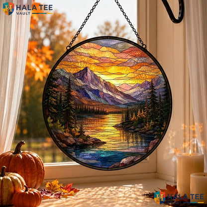 Vintage Mountain Halloween Stained Glass Suncatcher Gothic Landscape Wall Art