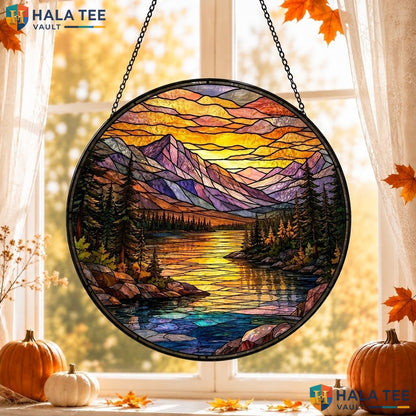 Vintage Mountain Halloween Stained Glass Suncatcher Gothic Landscape Wall Art Adult