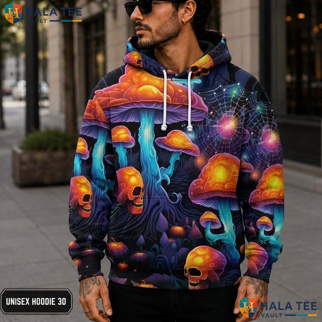 Vintage Mushroom Horror 3D Hoodie Vibrant Skull Graphic Halloween Top