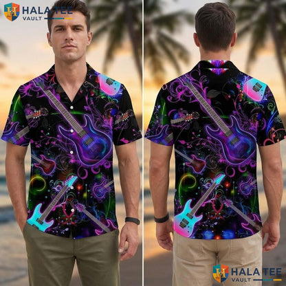 Vintage Music Fan Tropical Shirt Electric Guitar Casual Party Button Down