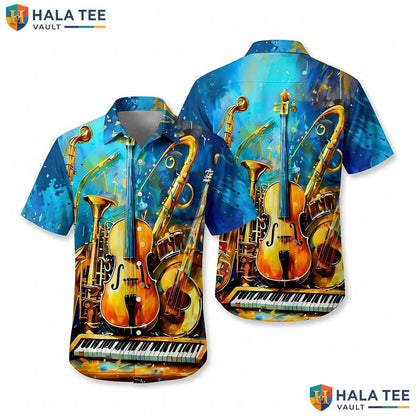 Vintage Music Lover Hawaiian Shirt Vibrant Musical Instrument Casual Button