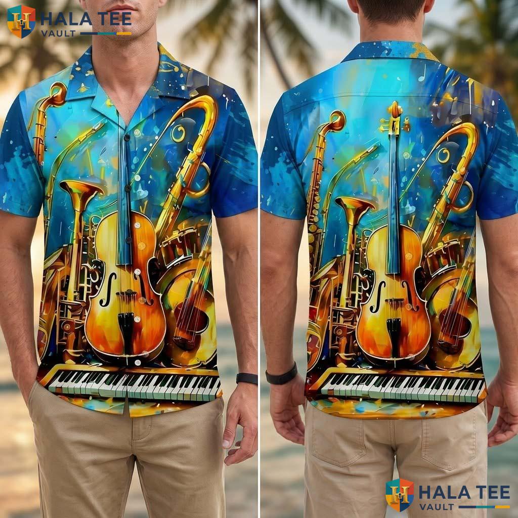 Vintage Music Lover Tropical Shirt Vibrant Musical Instrument Casual Button