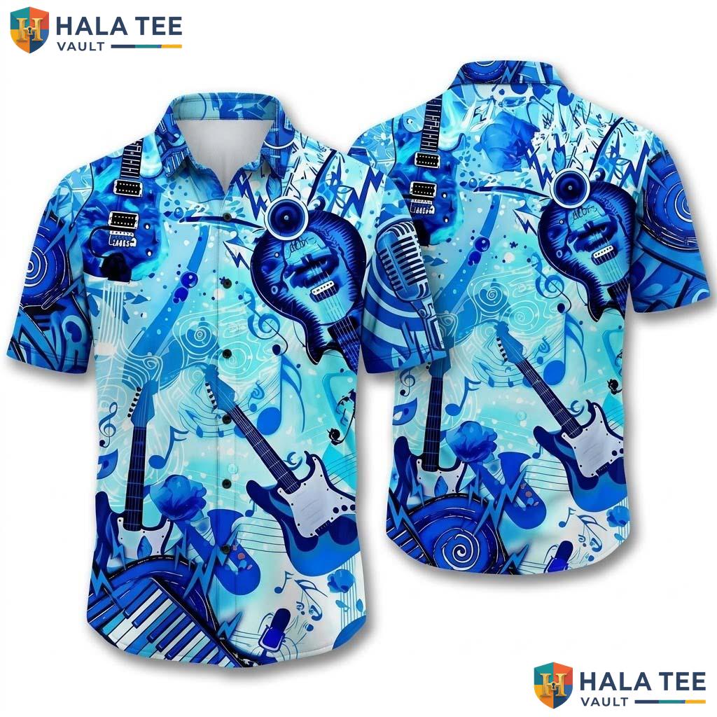 Vintage Musical Fan Hawaiian Shirt Casual Button Down Guitar Note Apparel