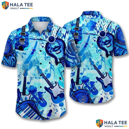 Vintage Musical Fan Hawaiian Shirt Casual Button Down Guitar Note Apparel