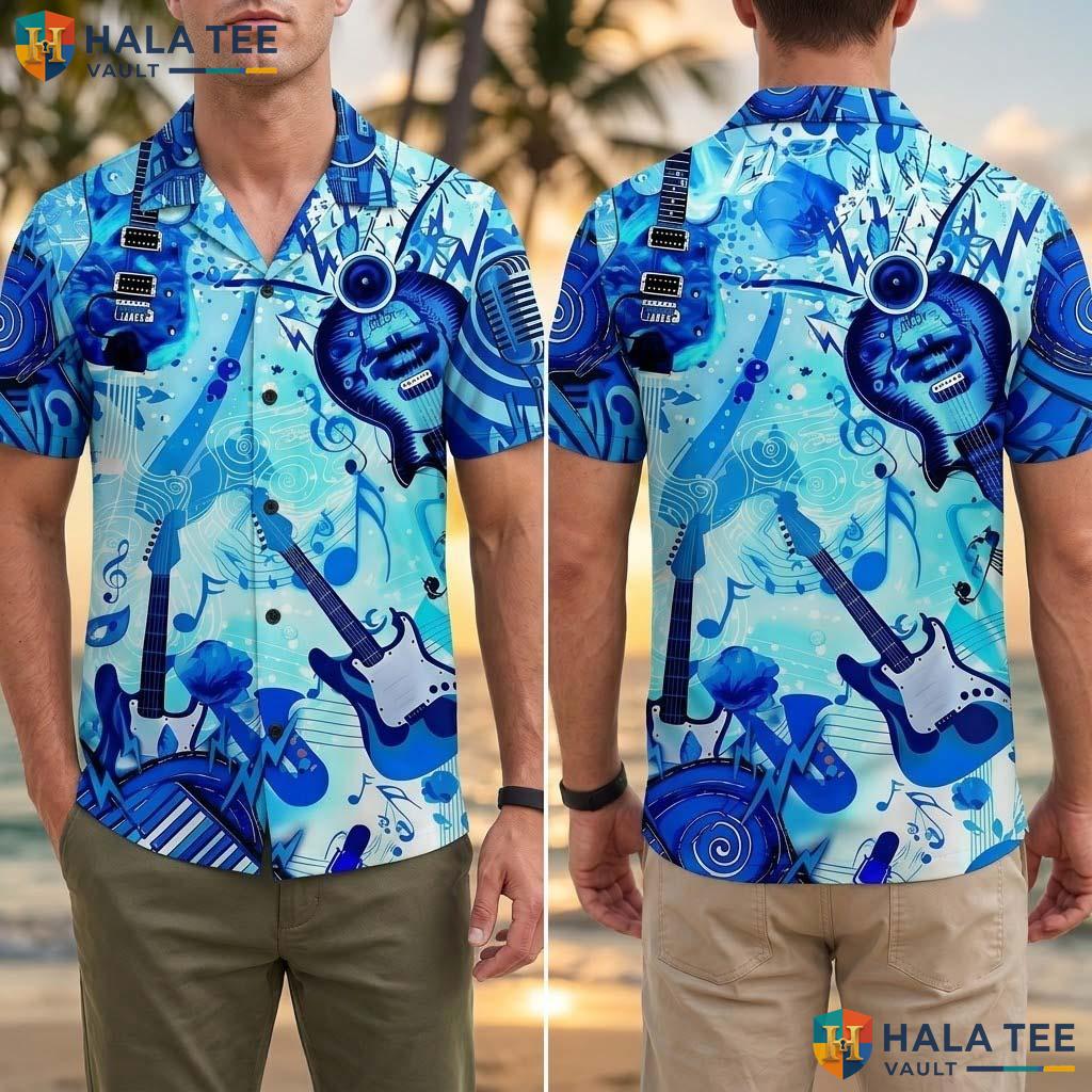 Vintage Musical Fan Tropical Shirt Casual Button Down Guitar Note Apparel