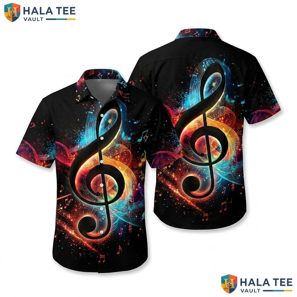 Vintage Musical Notes Hawaiian Shirt Colorful Treble Clef Music Button Down