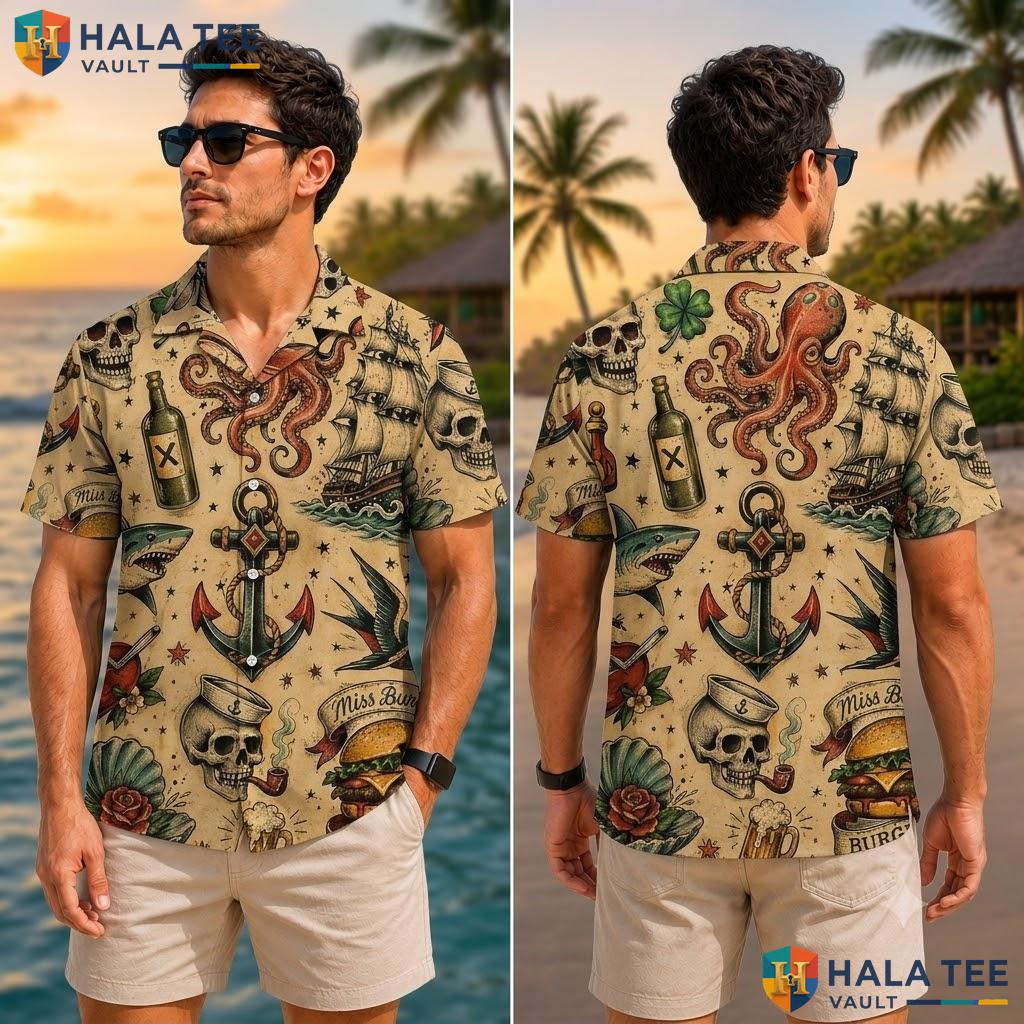 Vintage Nautical Skull Hawaiian Shirt Casual Octopus Anchor Button Down