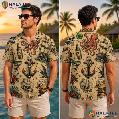 Vintage Nautical Skull Hawaiian Shirt Casual Octopus Anchor Button Down