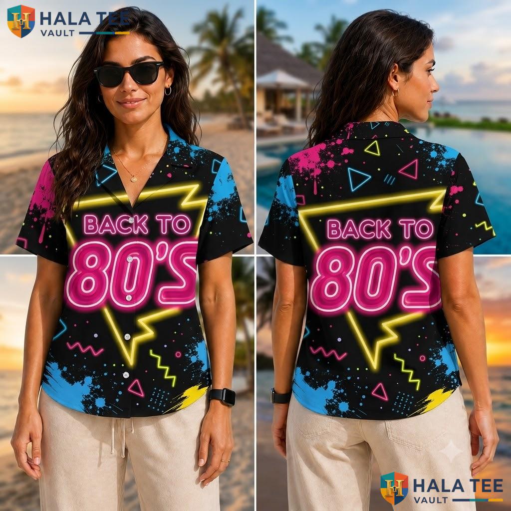 Vintage Neon 80s Hawaiian Shirt Tropical Surf Pattern Button Down Apparel Adult