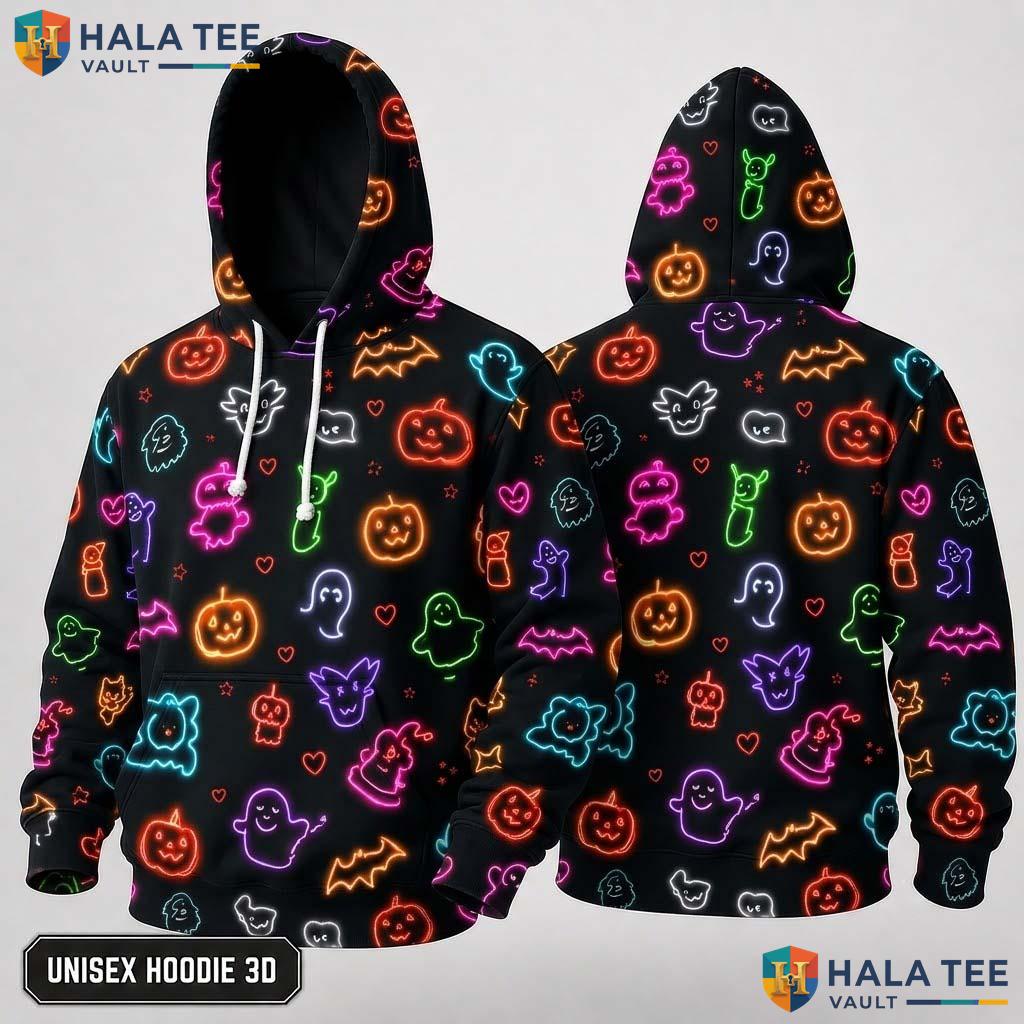 Vintage Neon Halloween Icon 3D Hoodie Unisex Spooky Cute Sweatshirt