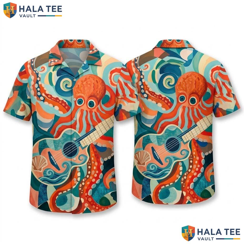 Vintage Octopus Guitar Hawaiian Shirt Vibrant Casual Summer Button Down Top