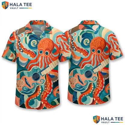 Vintage Octopus Guitar Hawaiian Shirt Vibrant Casual Summer Button Down Top
