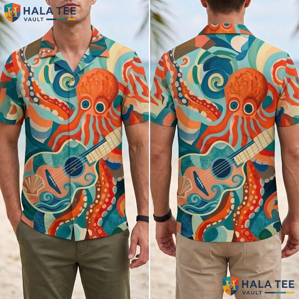 Vintage Octopus Guitar Tropical Shirt Vibrant Casual Summer Button Down Top