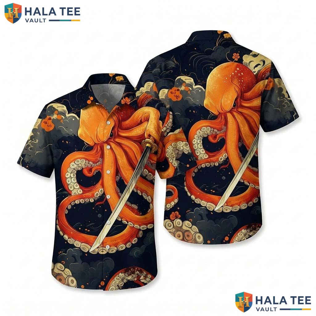 Vintage Octopus Sword Hawaiian Shirt Mens Casual Button Down Summer Apparel