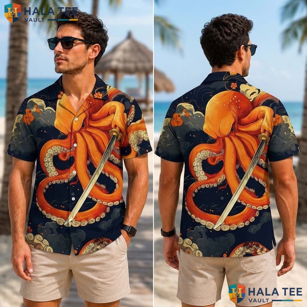 Vintage Octopus Sword Tropical Shirt Mens Casual Button Down Summer Apparel