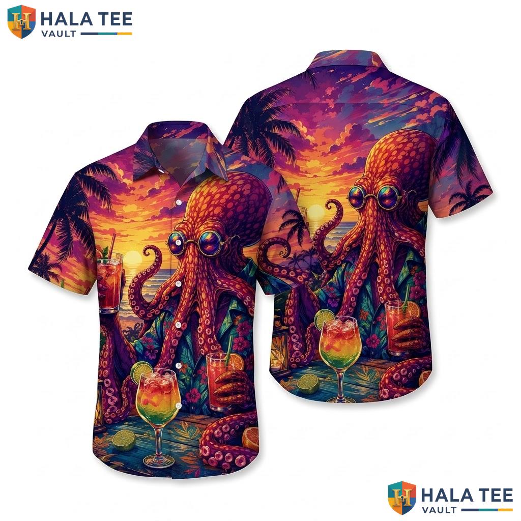Vintage Octopus Tropical Hawaiian Shirt Funny Graphic Mens Vacation Apparel