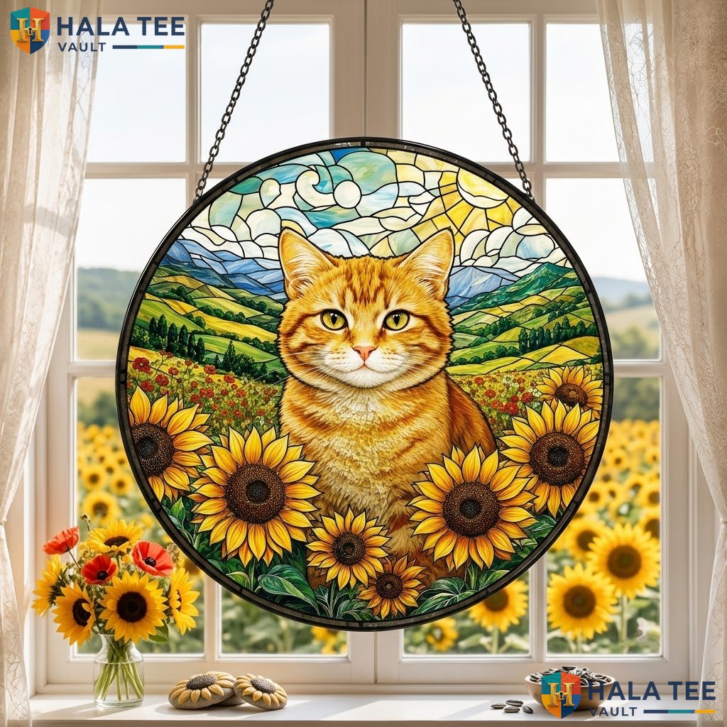 Vintage Orange Cat Halloween Stained Glass Suncatcher Cheerful Sunflower Decor
