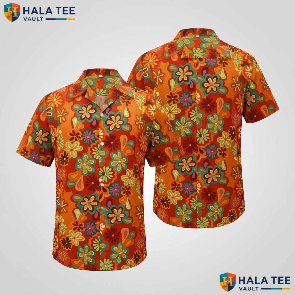 Vintage Orange Flower Aloha Shirt Mens Tropical Button Down Resort Wear