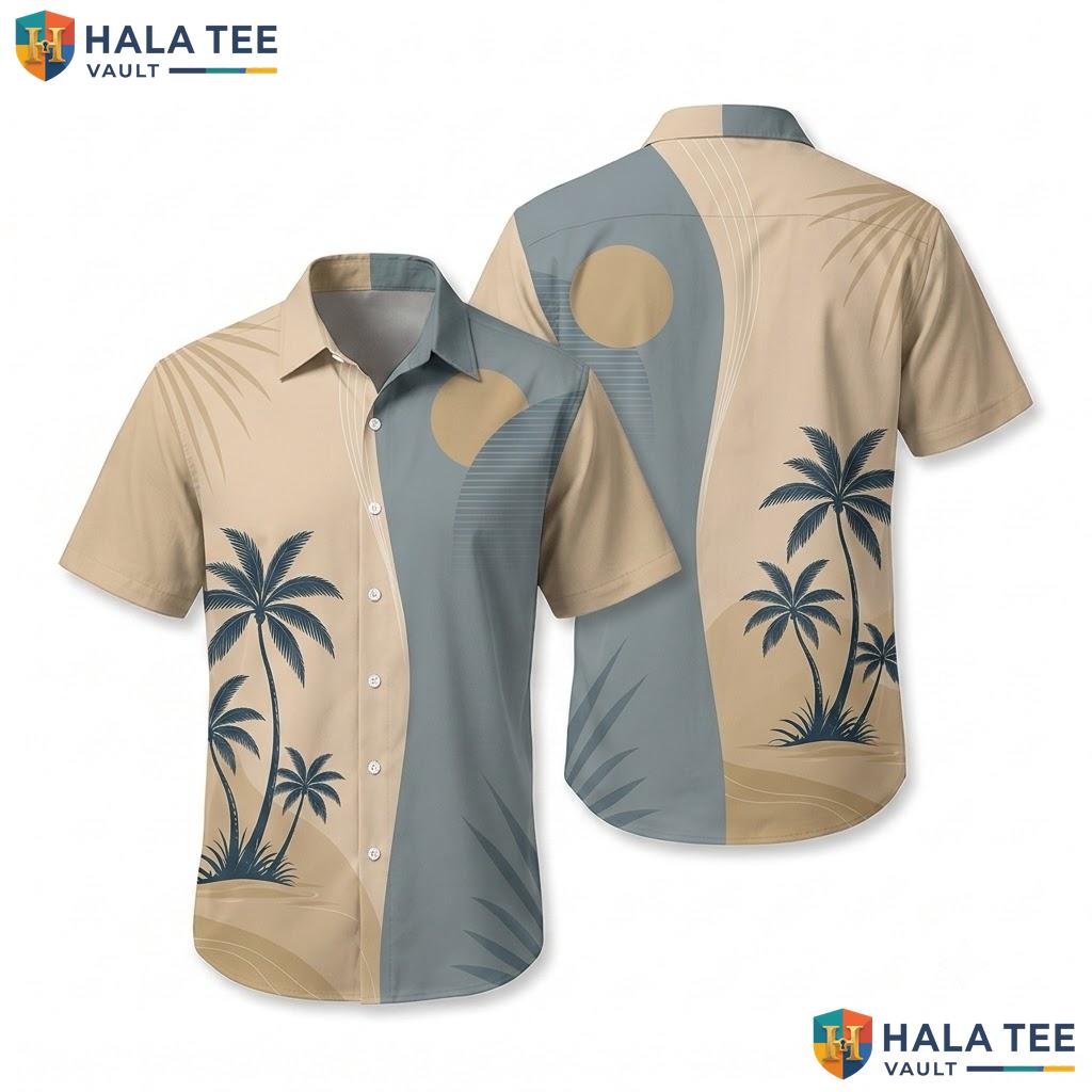 Vintage Palm Tree Hawaiian Shirt Beige Tropical Print Summer Outing Top