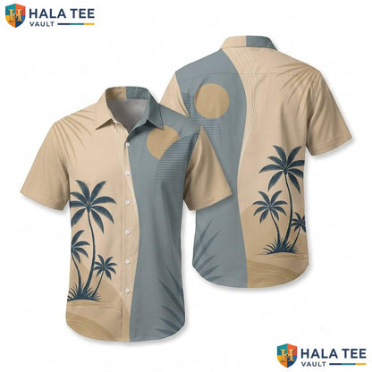 Vintage Palm Tree Hawaiian Shirt Beige Tropical Print Summer Outing Top