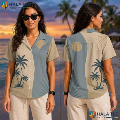 Vintage Palm Tree Hawaiian Shirt Beige Tropical Print Summer Outing Top Adult