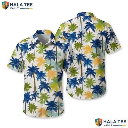 Vintage Palm Tree Hawaiian Shirt Neon Dinosaur Short Sleeve Button Down Top
