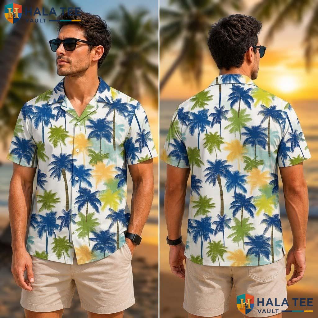 Vintage Palm Tree Tropical Shirt Neon Dinosaur Short Sleeve Button Down Top