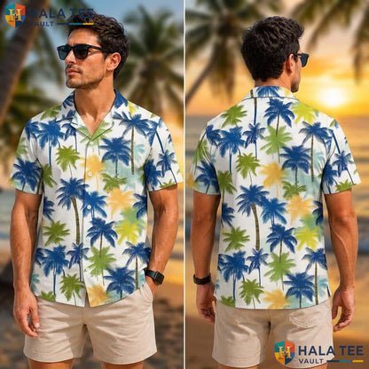 Vintage Palm Tree Tropical Shirt Neon Dinosaur Short Sleeve Button Down Top