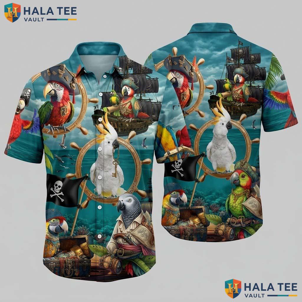 Vintage Parrot Hawaiian Shirt Tropical Playful Pirate Elements Button Down