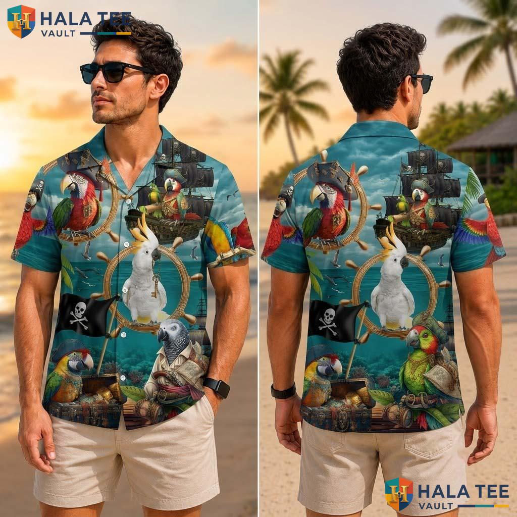 Vintage Parrot Tropical Shirt Tropical Playful Pirate Elements Button Down