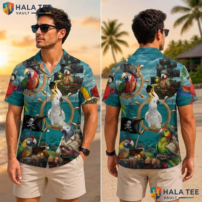 Vintage Parrot Tropical Shirt Tropical Playful Pirate Elements Button Down