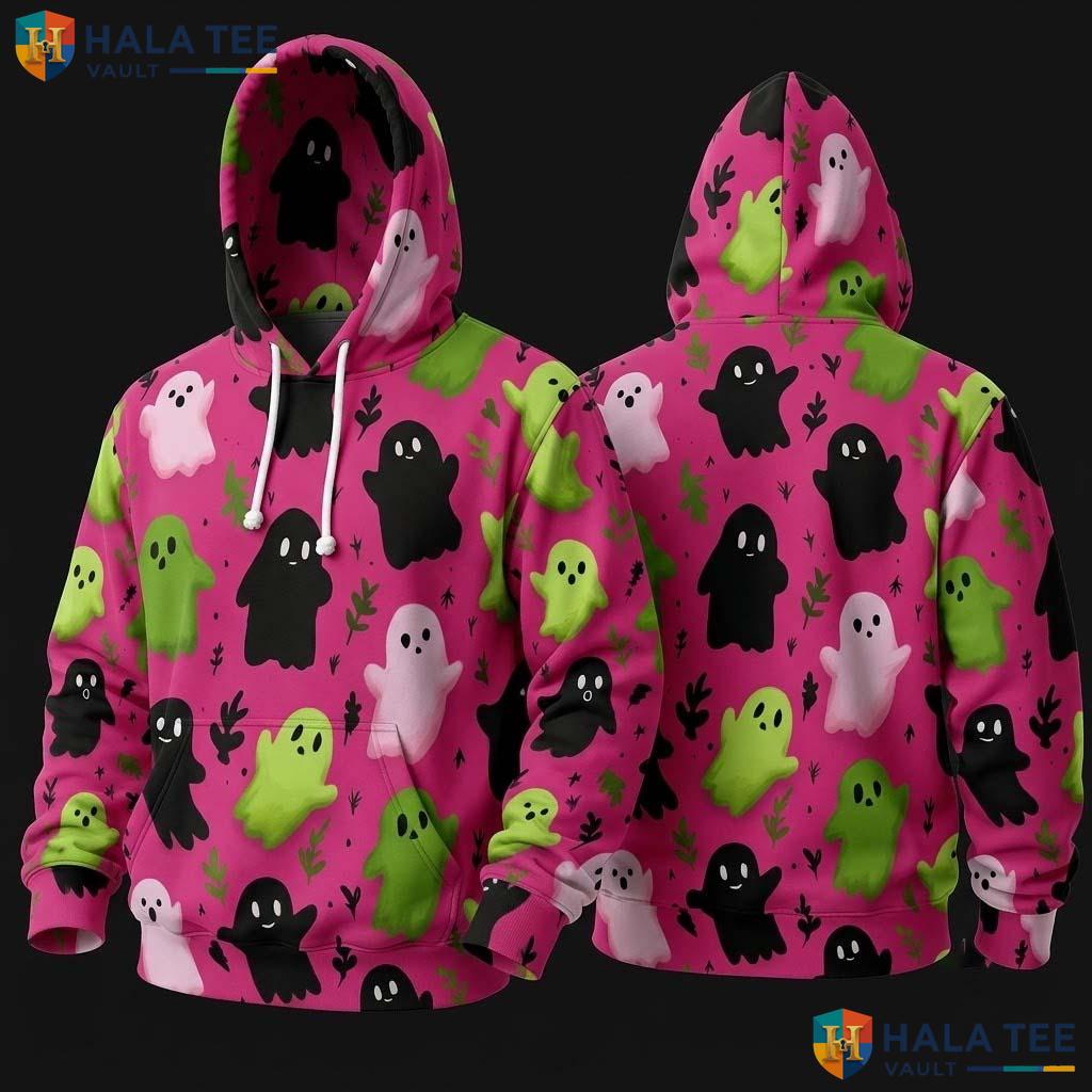 Vintage Pink Ghost Pattern 3D Hoodie Cute Playful Halloween Apparel