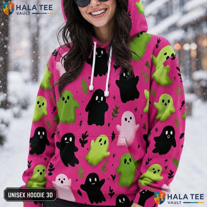 Vintage Pink Ghost Pattern 3D Printed Hoodie Cute Playful Halloween Apparel
