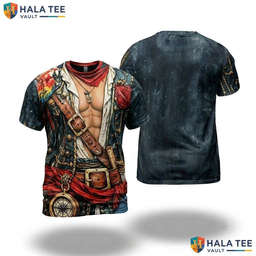 Vintage Pirate Cosplay AOP T-Shirt Mens Funny Halloween Holiday Costume Top