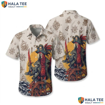 Vintage Pirate Parrot Hawaiian Shirt Funny Summer Button Down Top For Men