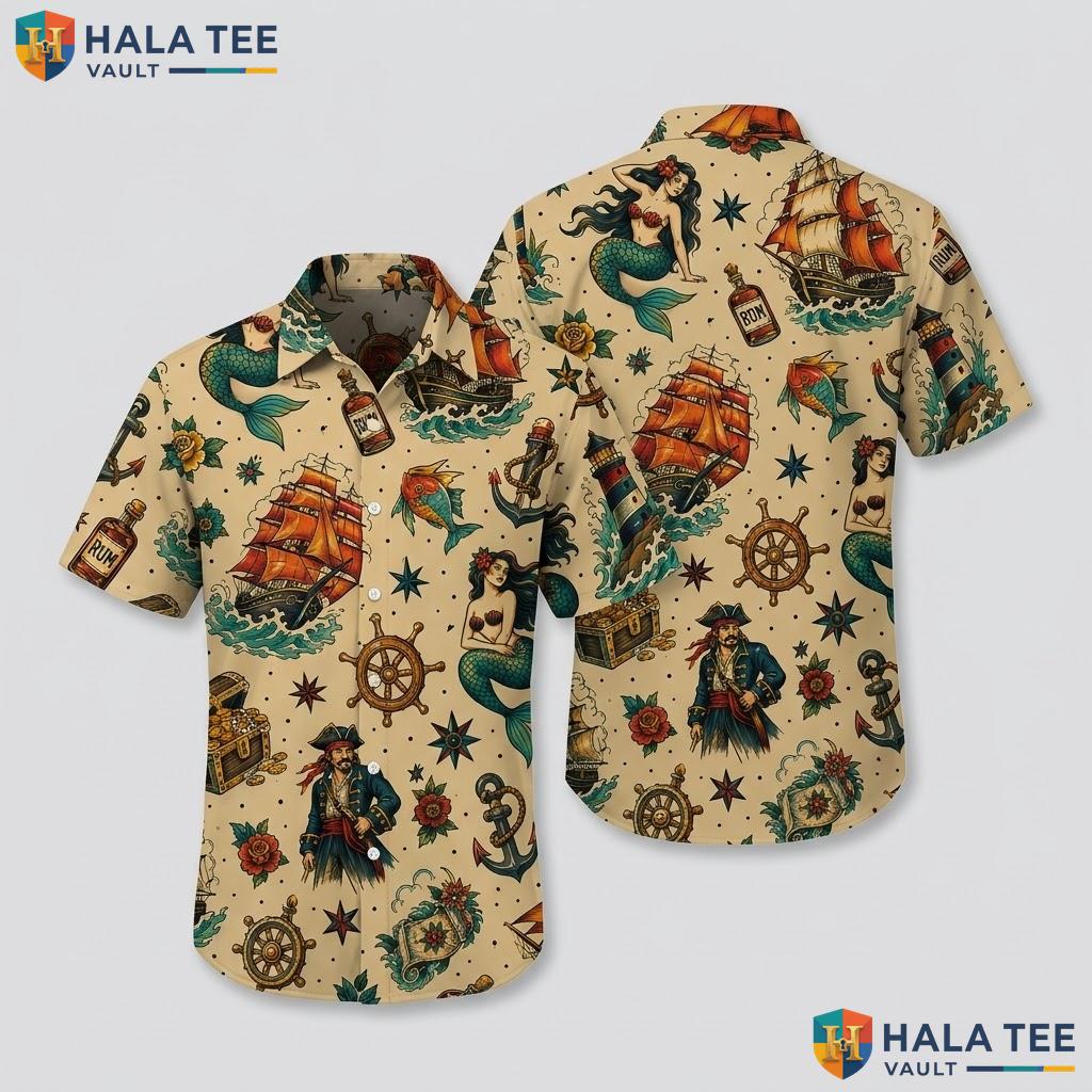 Vintage Pirate Ship Hawaiian Shirt Funny Casual Summer Nautical Graphic Top
