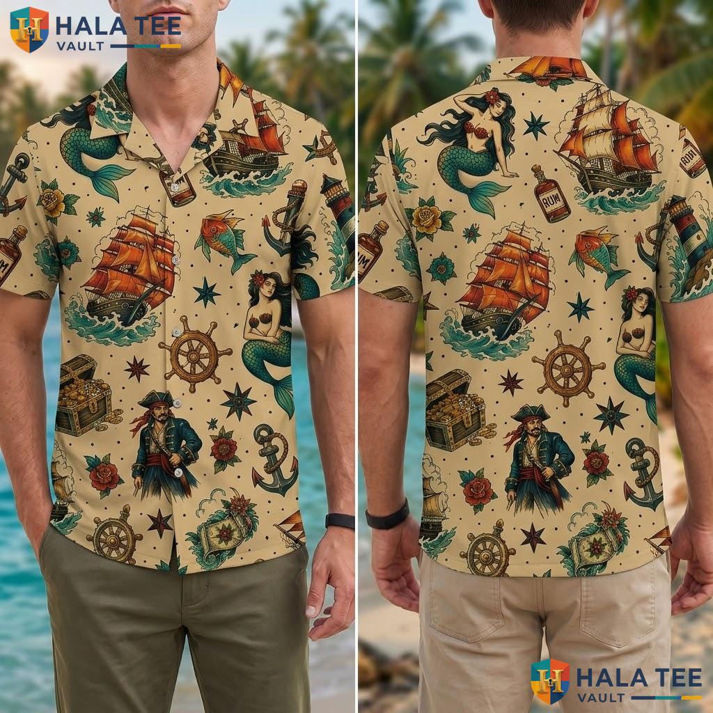 Vintage Pirate Ship Hawaiian Shirt Funny Casual Summer Nautical Graphic Top Adult