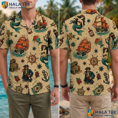 Vintage Pirate Ship Hawaiian Shirt Funny Casual Summer Nautical Graphic Top Adult