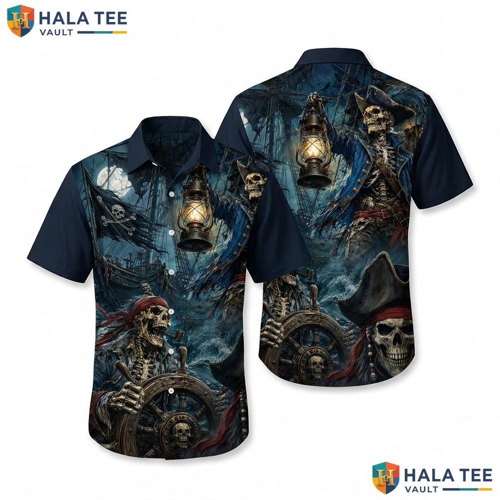 Vintage Pirate Skeleton Hawaiian Shirt Tropical Surf Pattern Beach Wear