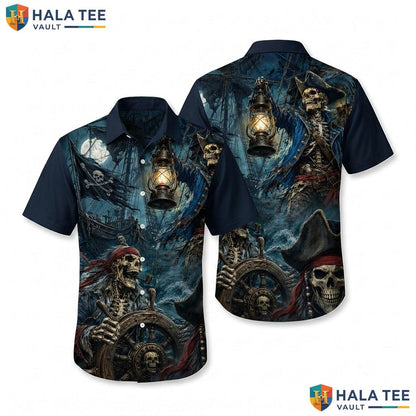Vintage Pirate Skeleton Hawaiian Shirt Tropical Surf Pattern Beach Wear