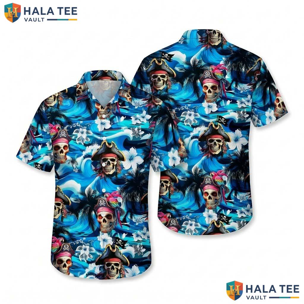 Vintage Pirate Skull Hawaiian Shirt Funky Tropical Palm Tree Button Down Top