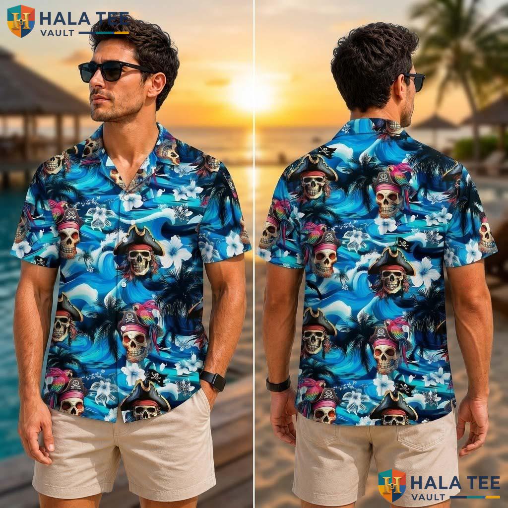 Vintage Pirate Skull Tropical Shirt Funky Tropical Palm Tree Button Down Top