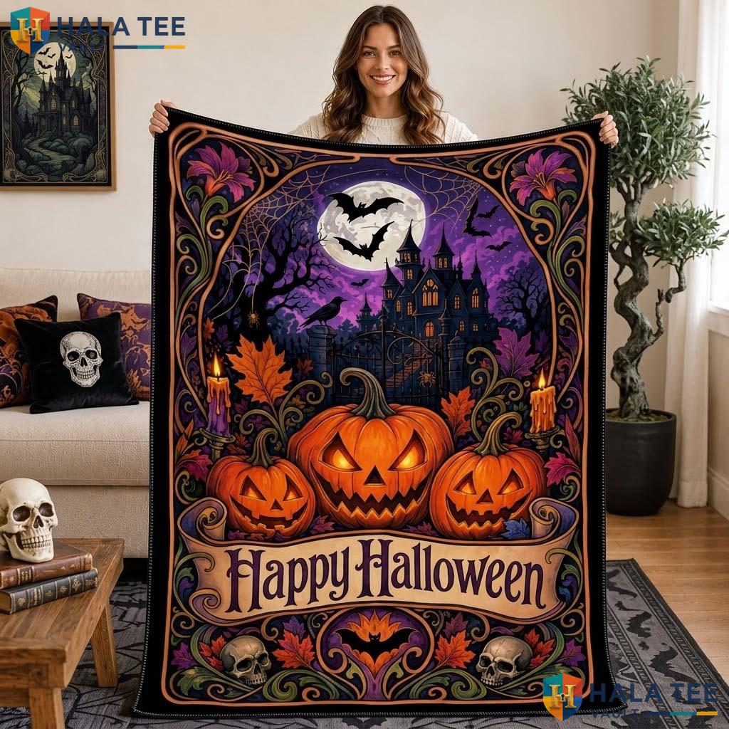 Vintage Pumpkin Halloween Blanket Spooky Decor Carved Lover Throw