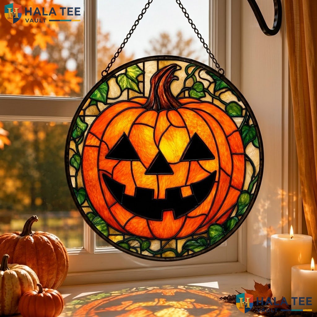 Vintage Pumpkin Halloween Stained Glass Suncatcher Gothic Spooky Home Accent