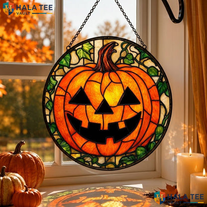 Vintage Pumpkin Halloween Stained Glass Suncatcher Gothic Spooky Home Accent